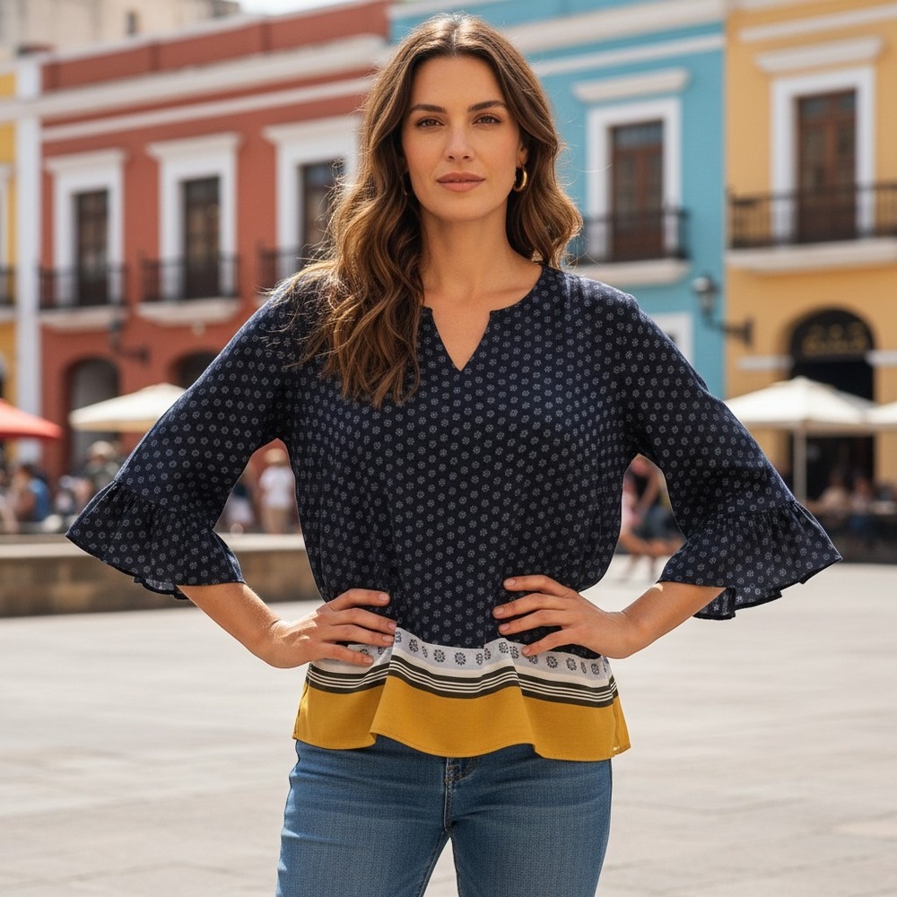 Ann Taylor Factory Navy Blue Floral Ruffle Sleeve Blouse Yellow Border Hem Large